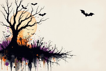 abstract minimal halloween artwork with few bold shapes, jagged black textures, subtle orange and purple accents, large empty space creating eerie effect.