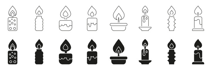 Candle Line And Solid Icon Set. Decorative And Aromatic Candle Collection For Home Decor And Relaxation. Various Candle Designs For Ambiance And Mood Setting. Isolated Vector Illustration