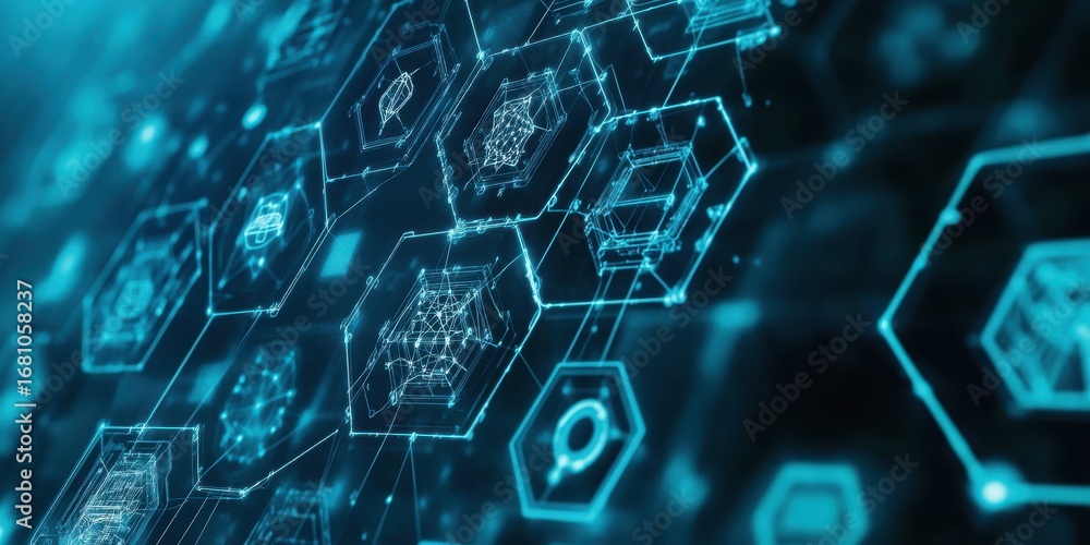 Poster futuristic blue digital network with hexagonal data icons technology