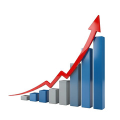 Red arrow graph shows upward trend over blue and gray bar chart with black background transparent background