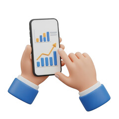 Hands holding smartphone displaying financial growth charts and analytics data transparent background