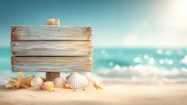 Rustic wooden sign with seashells on the sandy beach overlooking a sparkling ocean under a sunny sky, perfect for summer vacation themes and coastal decor