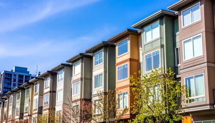 Row of modern townhouses under a bright sky