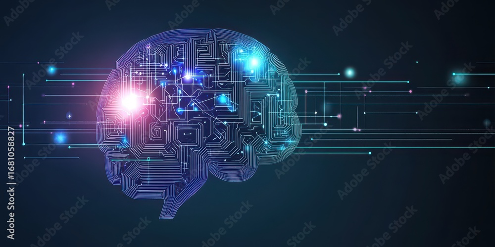 Poster futuristic digital brain with blue and teal circuitry and data streams on dark background