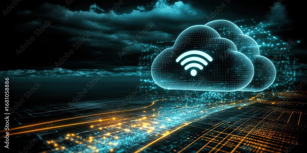 Poster futuristic digital cloud computing network with wi- fi symbol and data streams technology