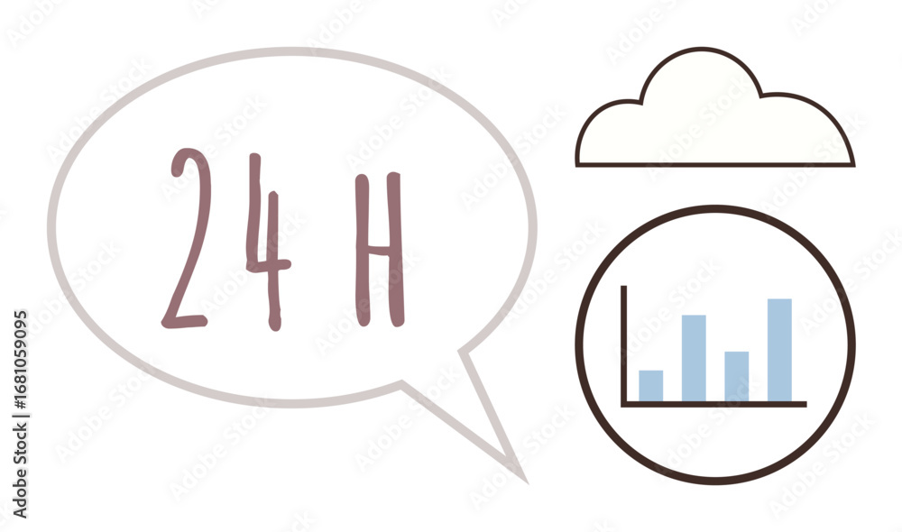 Poster speech bubble with 24h, cloud, and circle enclosing bar chart. ideal for data access, cloud service,