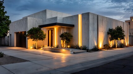 Obraz premium Contemporary architectural home exterior features stylish facade lighting du dusk in residential area.