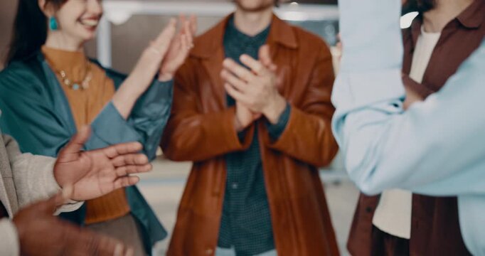 Business, people and meeting with handstack in office for teamwork, agreement and motivation. Group, staff and hands together for collaboration, company huddle and employees support for solidarity