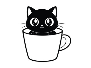 Minimalist Cute Cat Sitting Inside a Coffee Cup Silhouette Black and White Clipart
