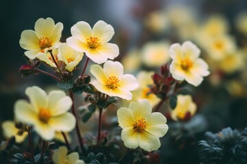 Fototapeta premium Blurred background highlights pale yellow flowers of Potentilla Primrose Beauty
