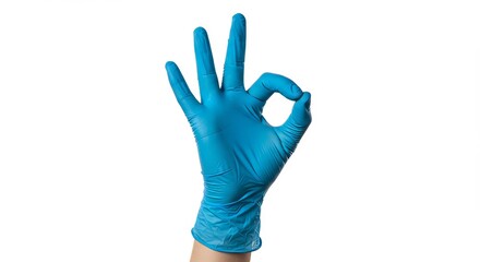 Obraz premium Hygienic Approval - A Hand in a Vibrant Blue Nitrile Glove Making the OK Sign on a White Background.