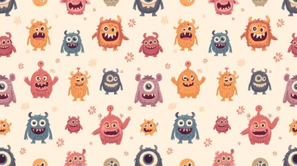 Cute Cartoon Monsters. cheerful seamless pattern of various adorable, cartoon-style monsters. The monsters are unique in shape and color, with big eyes and friendly expressions.