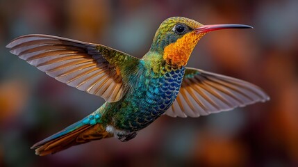 Obraz premium Colorful hummingbird with outstretched wings hove in flight against a blurred nature background scene.