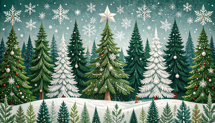 Obraz premium Festive holiday background featuring a snowy evergreen forest with decorated Christmas trees and falling snow