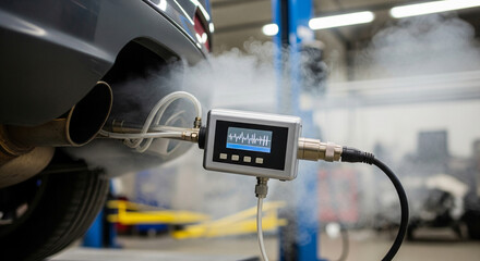 Car exhaust pipe emits thick smoke during emissions test with pollution control device that measures harmful gases. Concept of car service center, garage, car repair shop, diagnostics.