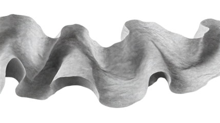 A grayscale paper texture wave with stippled details and gentle undulations, seamless ribbon-like form, isolated on transparent background.