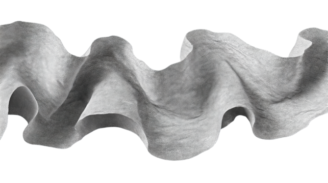 A grayscale paper texture wave with stippled details and gentle undulations, seamless ribbon-like form, isolated on transparent background.
