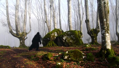 Foggy forest path with mysterious figure