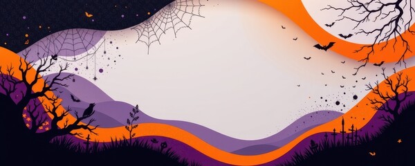 modern abstract halloween invitation design combining flowing orange arcs, jagged black textures, soft purple gradients, balanced minimalistic composition.