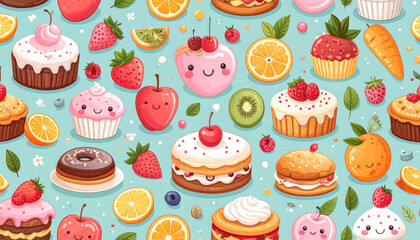A delightful seamless pattern featuring a variety of cute kawaii desserts, including cakes, cupcakes, and donuts, alongside smiling fresh fruits