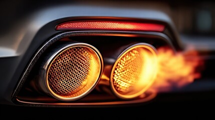 Fiery exhaust of a high-performance car against a dark background, creating a sense of speed and power.