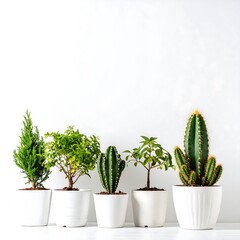 Row of potted plants against white background