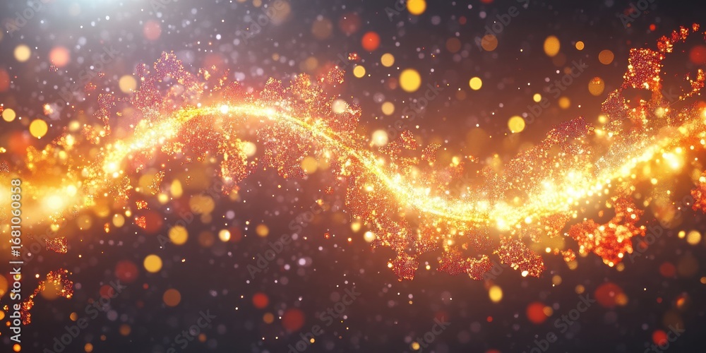 Poster glowing golden dna helix with sparkling particles and bokeh lights in abstract space genetic