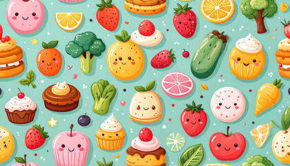 Playful and colorful seamless pattern featuring adorable kawaii food characters. A fun background illustration of smiling fruits, vegetables, and sweet desserts