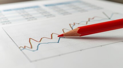 Pencil drawing a financial stock market graph with a growth analysis on a paper.