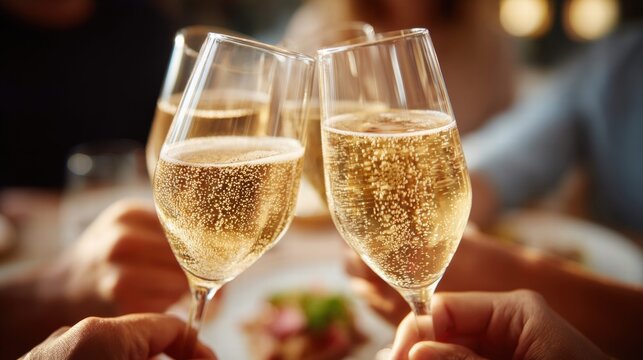 Celebrate with a toast of champagne, featuring clinking glasses and bubbly effervescence.