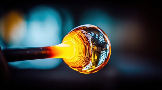 Glowing molten glass, shaped on a blowpipe, in a glassblowing process.