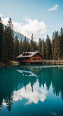 Obraz premium Serene Wooden Cabin Reflected in a Calm Mountain Lake.