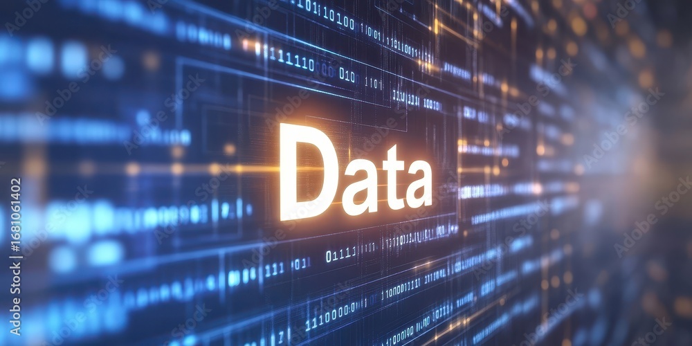 Poster glowing word data on a blue digital background with binary code and light streaks technology
