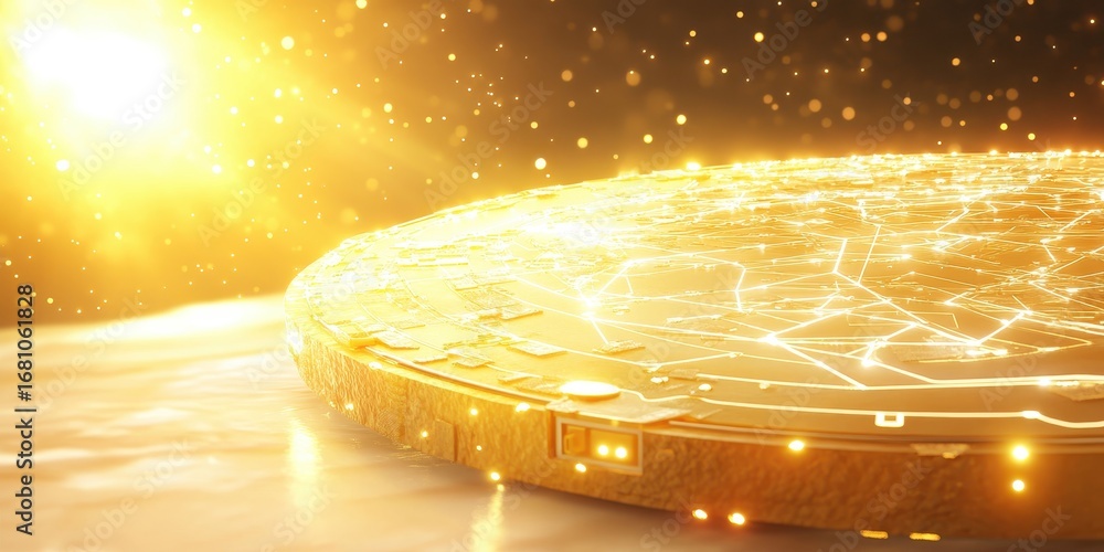 Aufkleber golden digital coin with circuitry overlay and glowing particles in a sci- fi setting cryptocurrency