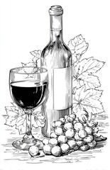 Wine bottle and glass, grapes, still life