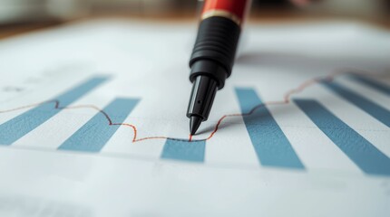 A close-up of a pen and calculator on financial reports and graphs, illustrating the diligent work of business and finance.