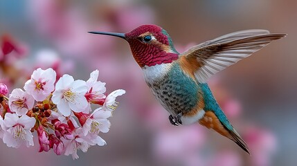 Fototapeta premium A colorful hummingbird gracefully flies near delicate pink and white blossoms in a vibrant sp setting.