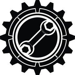 Mechanic s wrench emblem within a circular gear border design