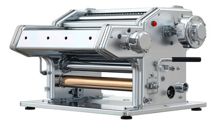 A compact industrial dough sheeter with clean rollers and safety guards, isolated on transparent background.
