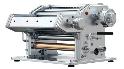 A compact industrial dough sheeter with clean rollers and safety guards, isolated on transparent background.
