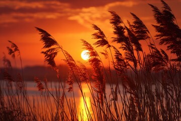 Golden countryside scene featuring aquatic plants and reeds bathed in orange sunset light