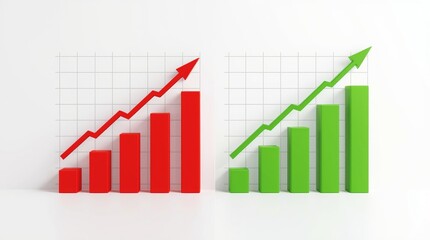 A clean, minimalist 3D rendering of two distinct bar charts, side-by-side, each against a subtle grid background on a plain white surface. 