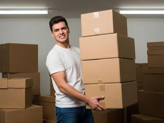 Facial expression shows heavy load while carrying many boxes.