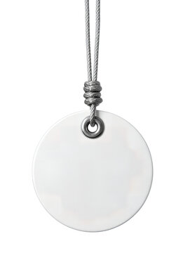Blank round swing tag with string and polished eyelet, simple design, isolated on transparent background.
