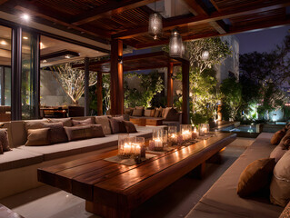 Fototapeta premium Elegant Terrace With Brown Wood Table and Lit Candles at Night