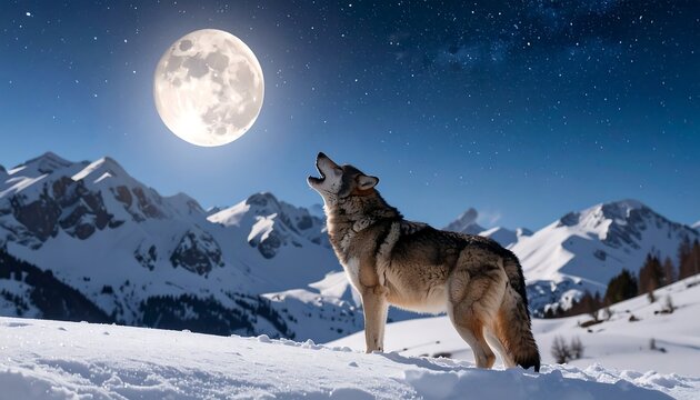 A wolf howls at the full moon over a snowy mountain range