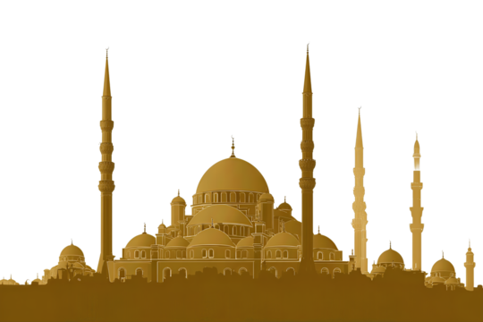 A golden mosque silhouette with domes and tall minarets topped by crescents, isolated on transparent background.

