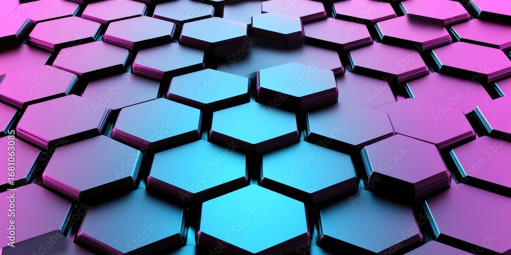 Poster hexagonal surface with subtle pink and blue illumination and depth abstract background