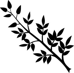 Silhouette of a small leafy branch is isolated on a pure white background, perfect for simple graphic design.