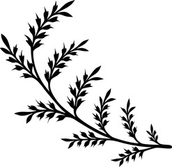Black silhouette of a delicate fern frond branching out elegantly, isolated on a crisp white background for design use.